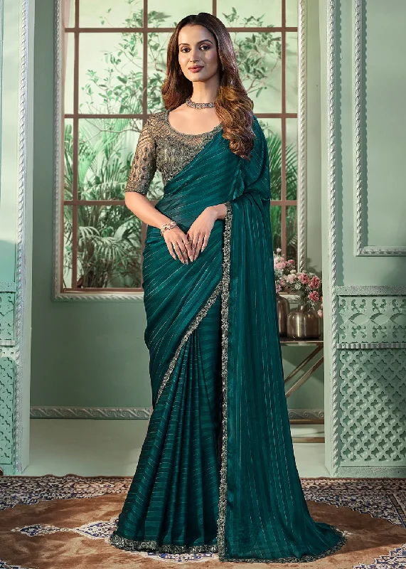 Lovely Green Georgette Silk Embroidered Wedding Party Wear Saree