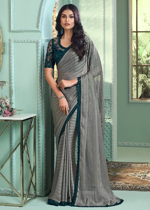 Lovely Grey Georgette Silk Embroidered Wedding Party Wear Saree