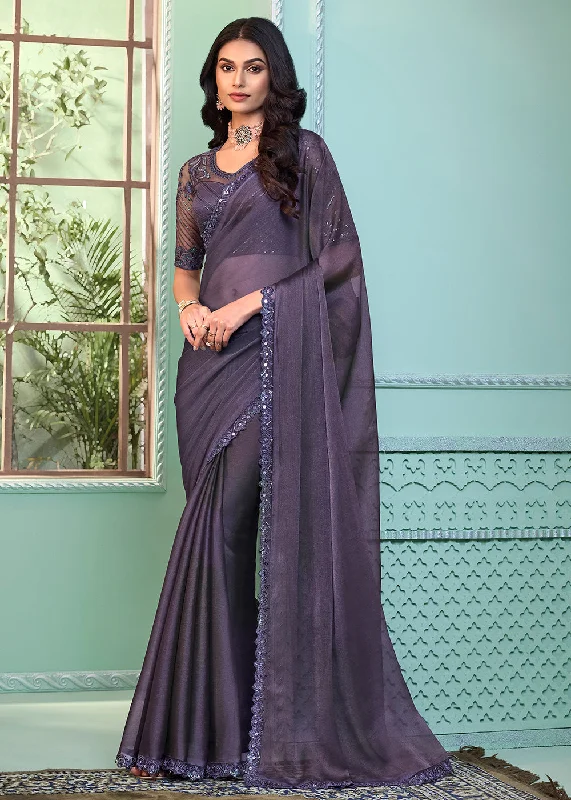 Lovely Lavender Georgette Embroidered Wedding Party Wear Saree