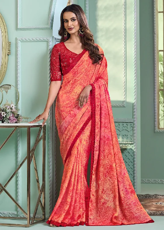 Lovely Peach Chiffon Silk Embroidered Wedding Party Wear Saree