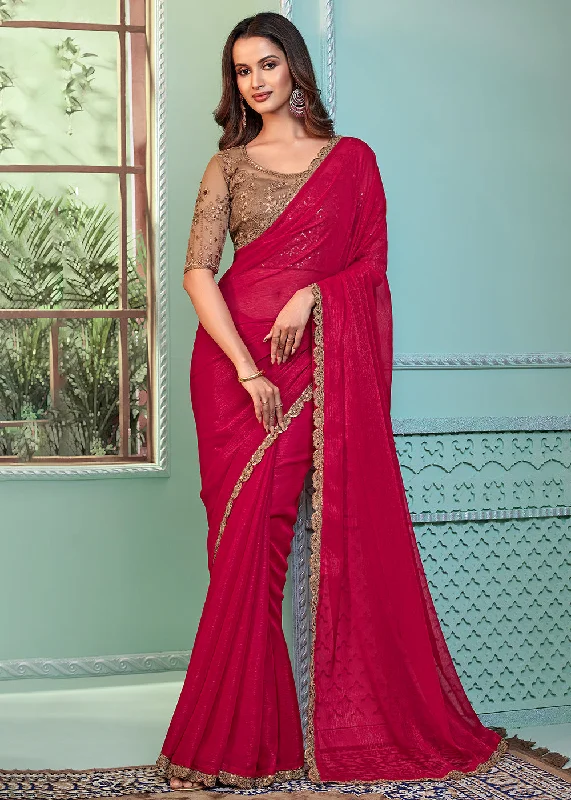 Lovely Pink Georgette Embroidered Wedding Party Wear Saree