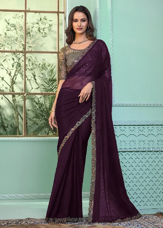 Lovely Purple Chiffon Embroidered Wedding Party Wear Saree