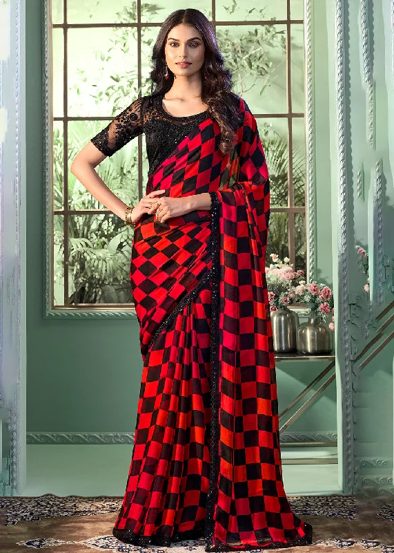 Lovely Red & Black Chiffon Embroidered Wedding Party Wear Saree