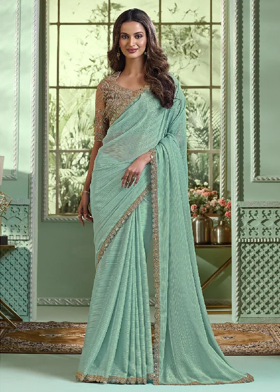 Lovely Sky Blue Chiffon Embroidered Wedding Party Wear Saree