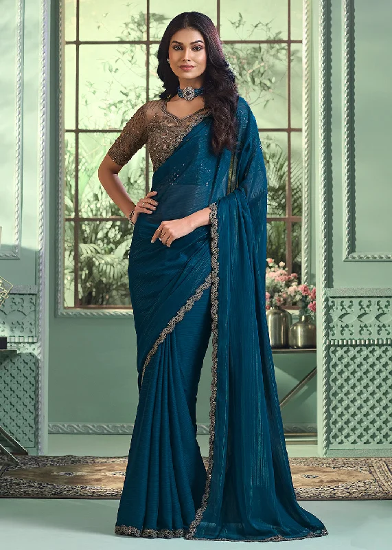 Lovely Teal Georgette Embroidered Wedding Party Wear Saree