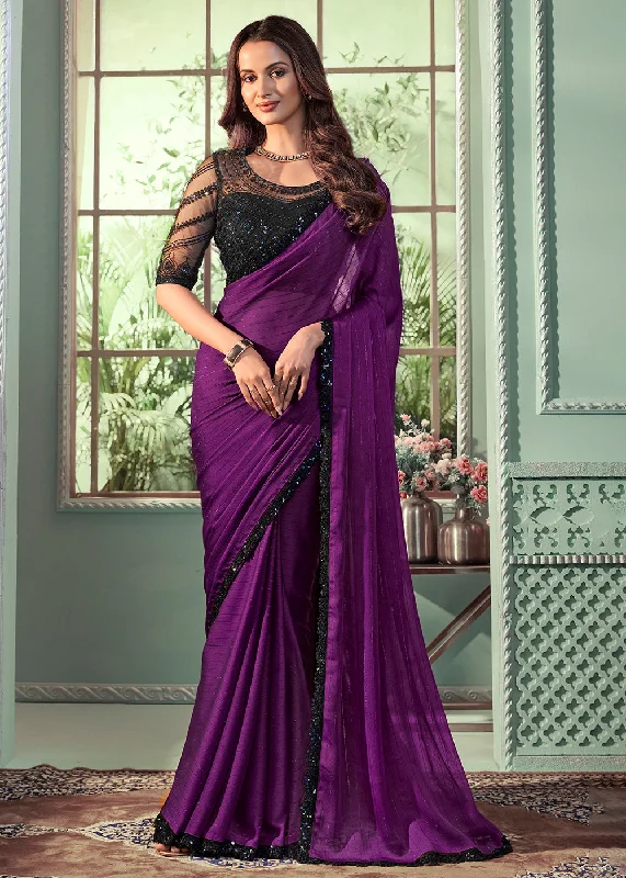 Lovely Violet Georgette Silk Embroidered Wedding Party Wear Saree