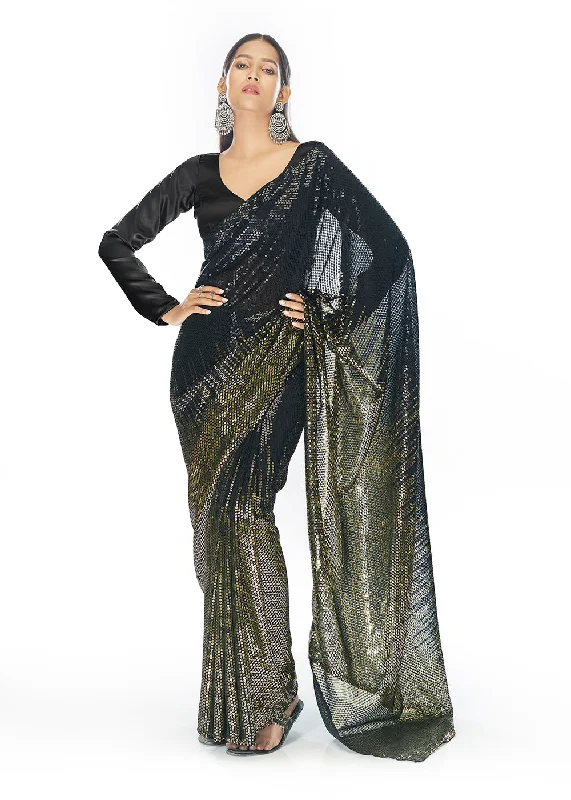 Luxe Black & Golden Georgette Sequins Party Wear Saree