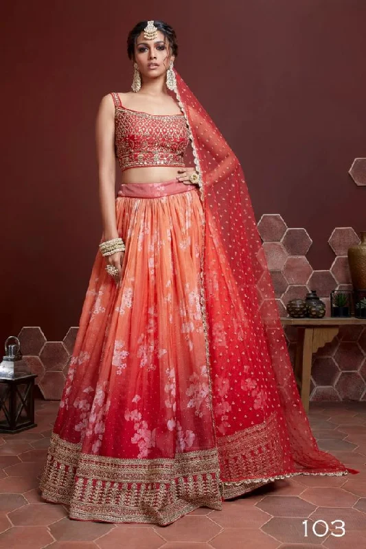 Orange Embroidery Organza Silk Party Wear Lehenga Choli - Rent