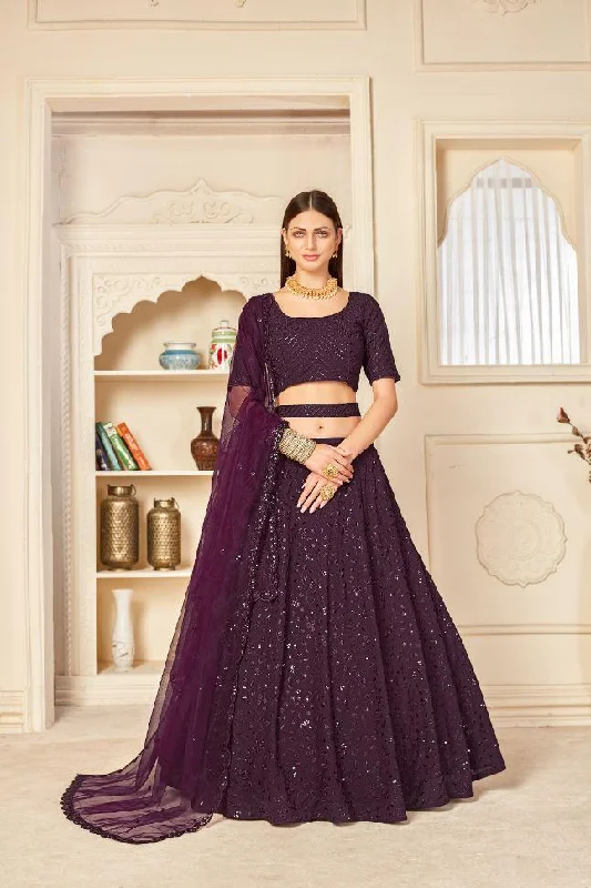 Wine Color Georgette Partywear Lehenga Set- Rent