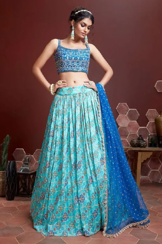 Sky Blue Embroidery Organza Silk Party Wear Lehenga Choli - Rent