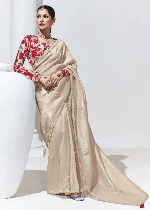 Stunning Beige Organza Embroidered Party Wear Saree