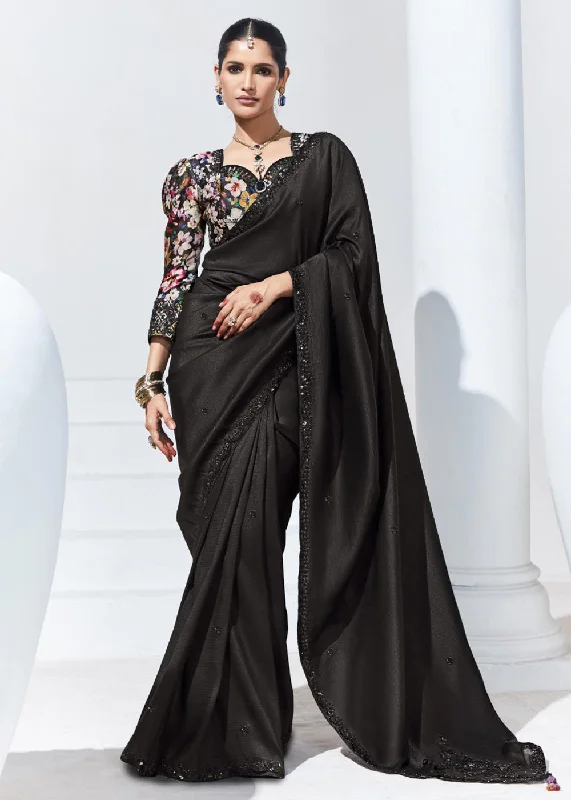 Stunning Black Organza Embroidered Party Wear Saree