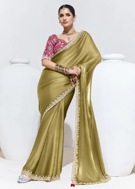 Stunning Golden Organza Embroidered Party Wear Saree