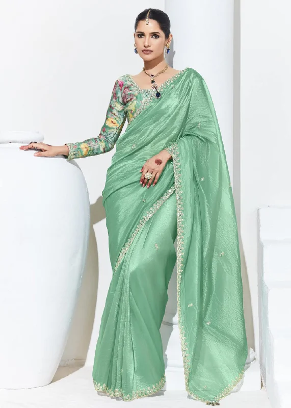 Stunning Green Organza Embroidered Party Wear Saree