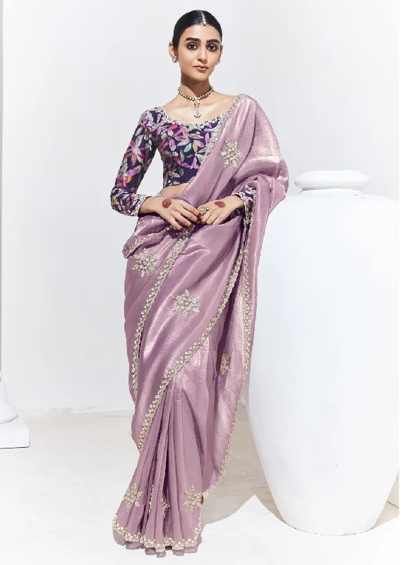 Stunning Mauve Organza Embroidered Party Wear Saree