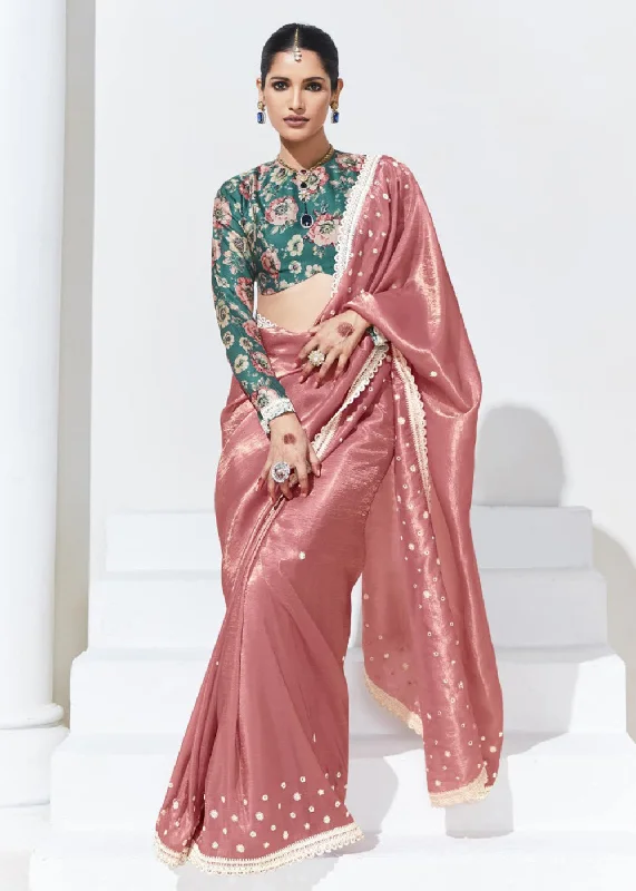 Stunning Peach Organza Embroidered Party Wear Saree