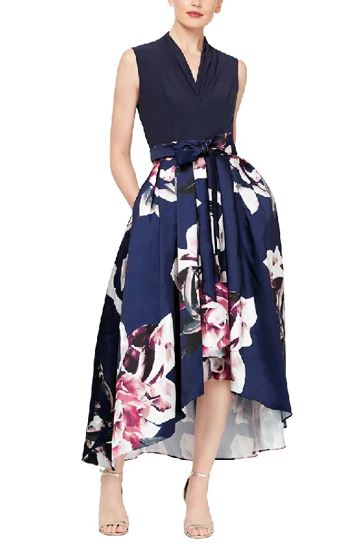 Party Dress with Floral Printed Mikado Silk Skirt & Jersey Bodice