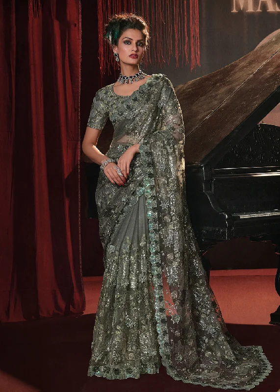 Wedding Party Mehndi Green Net Embroidered Designer Saree