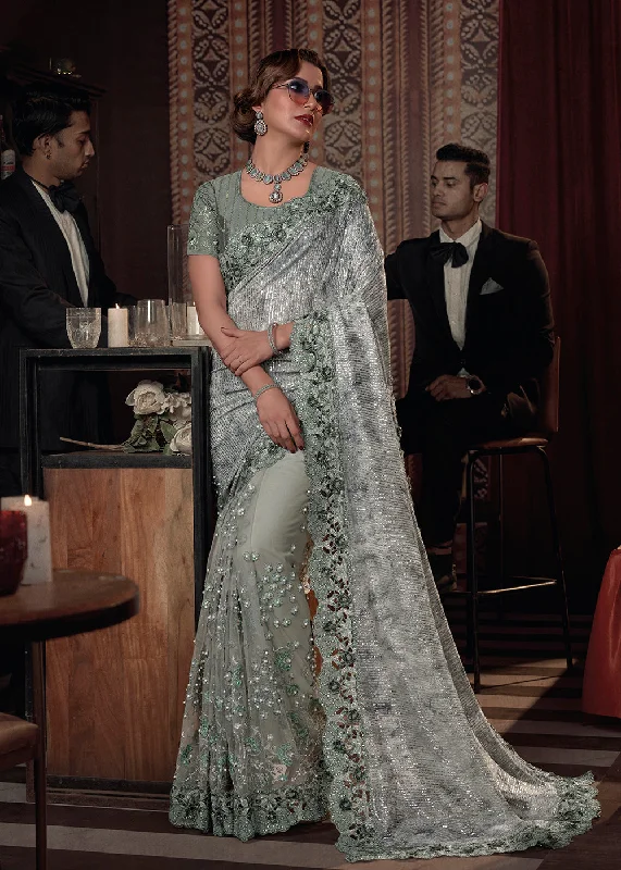 Wedding Party Pista Green Net Embroidered Designer Saree