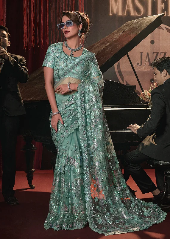 Wedding Party Sea Green Net Embroidered Designer Saree