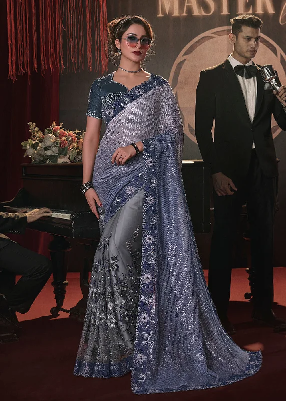 Wedding Party Shaded Blue Net Embroidered Designer Saree