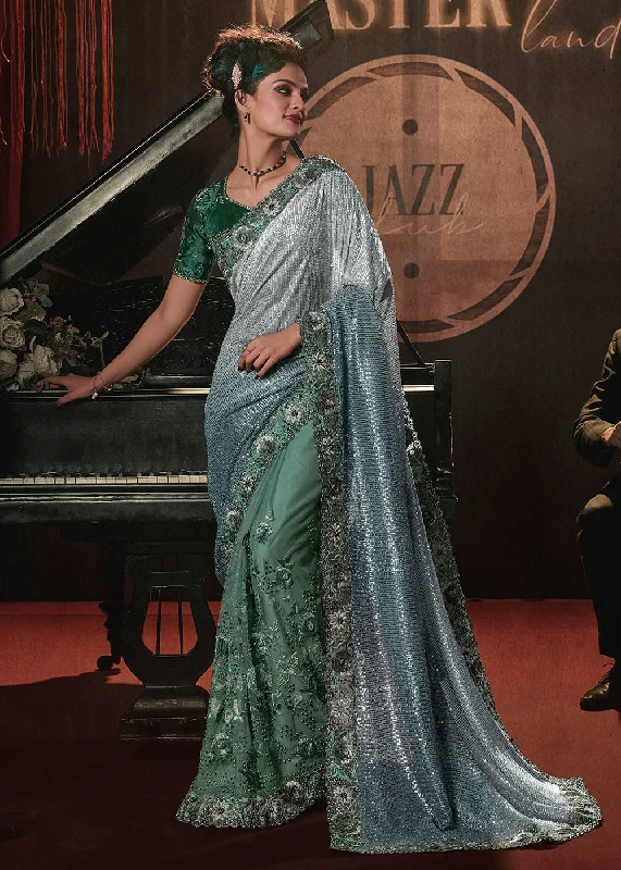 Wedding Party Shaded Green Net Embroidered Designer Saree