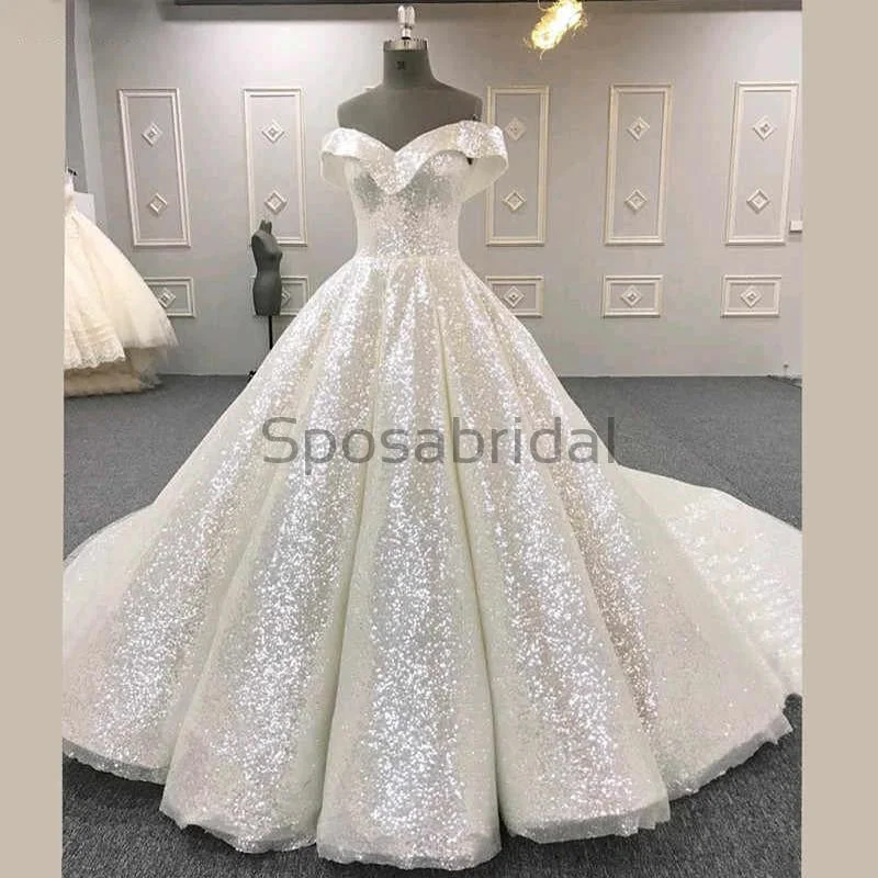 A-line Off Shoulder Sequin Unique Modest Long Elegant Prom Dresses, Wedding Dresses PD1721