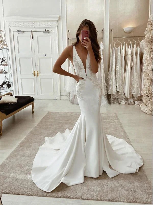 Charming Mermaid V-Neck Satin Simple Unique Lace Wedding Dresses WD0440