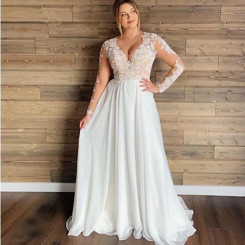 Plus Size Chiffon Wedding Dresses Sheer Lace Long Sleeves Robe De Mariée Bohème Appliques V-Neck Bridal Gowns Civil