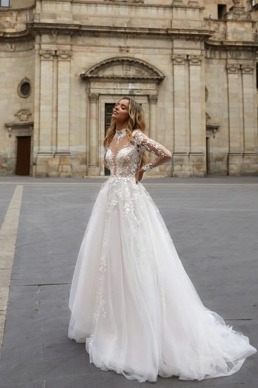 Sexy Backless Wedding Dress For Bride Long Sleeves Applique Romantic Bride Gowns A-Line Tulle Applique Vestido De Novia